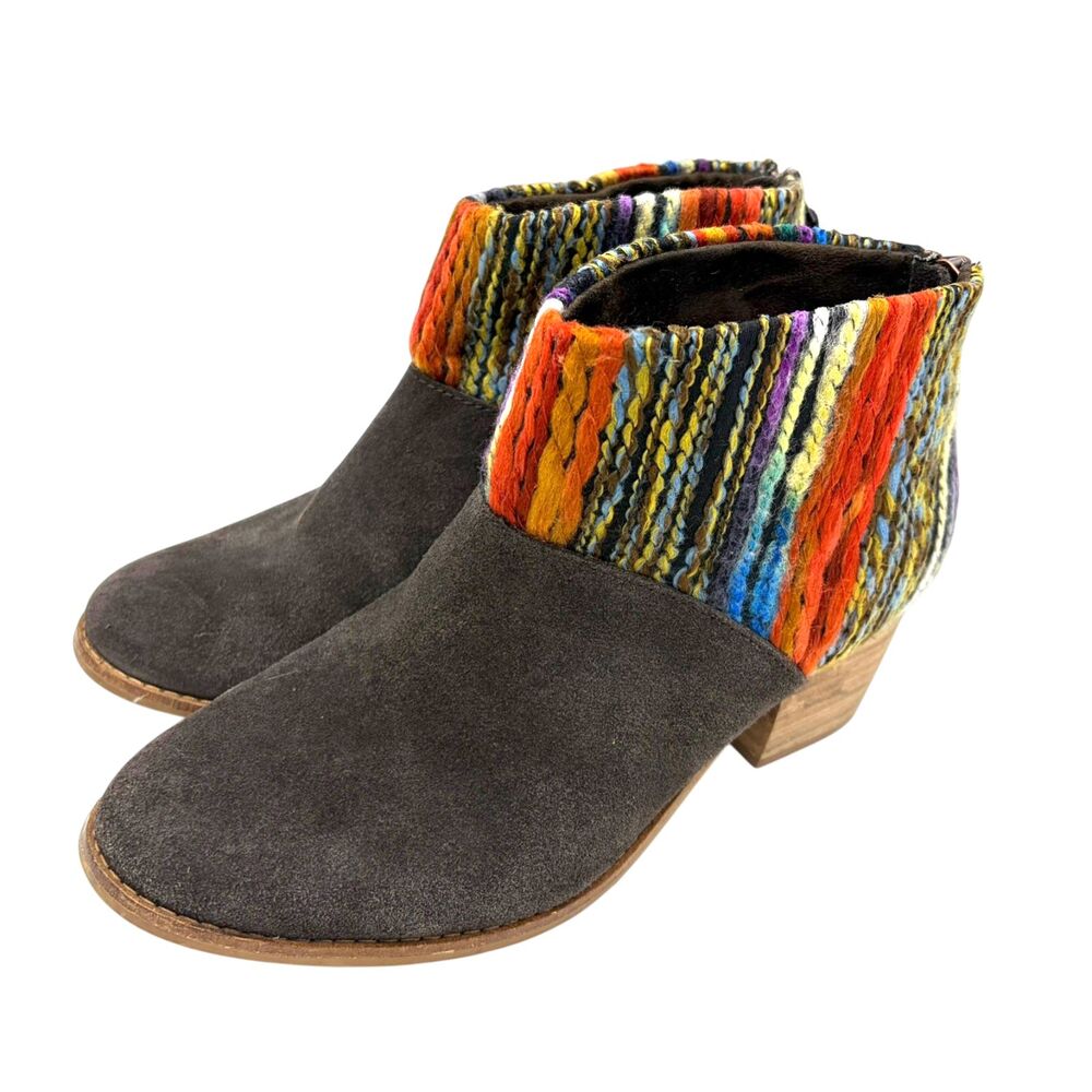 TOMS Leila Ankle Boots‎ Brown Suede Colorful Woven Boho Folk Women's 7.5
